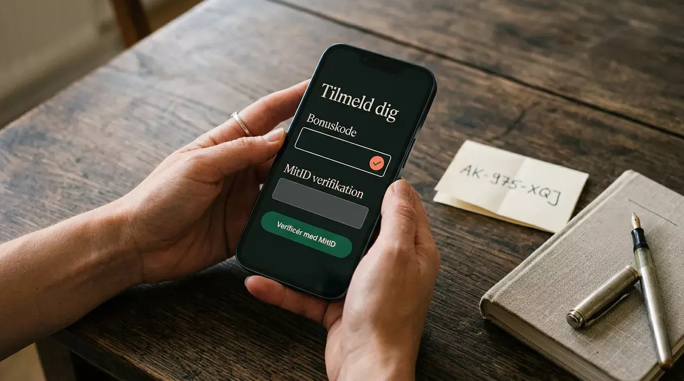 Registrering hos en dansk licenseret bookmaker med MitID-verifikation og indtastning af bonuskode på mobiltelefon