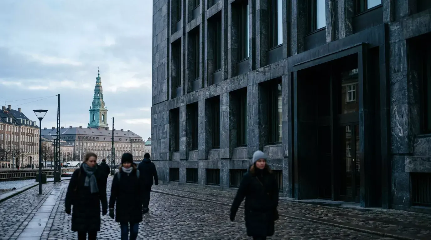 Nationalbanken i København i tidligt morgenlys med Christiansborg i baggrunden